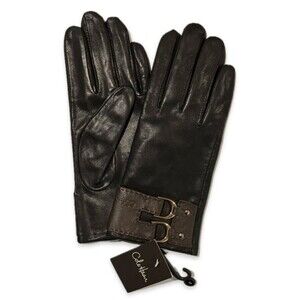 Cole Haan Women’s Black Leather Gloves with Double Buckle Cuff – Size Small